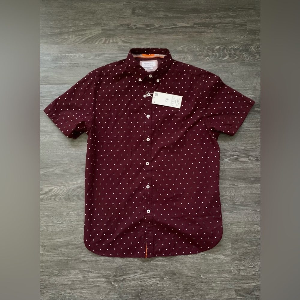 Denim & Flower Slim Fit Maroon Polka Dots Short Sleeve Button Down Shirt L. NWT